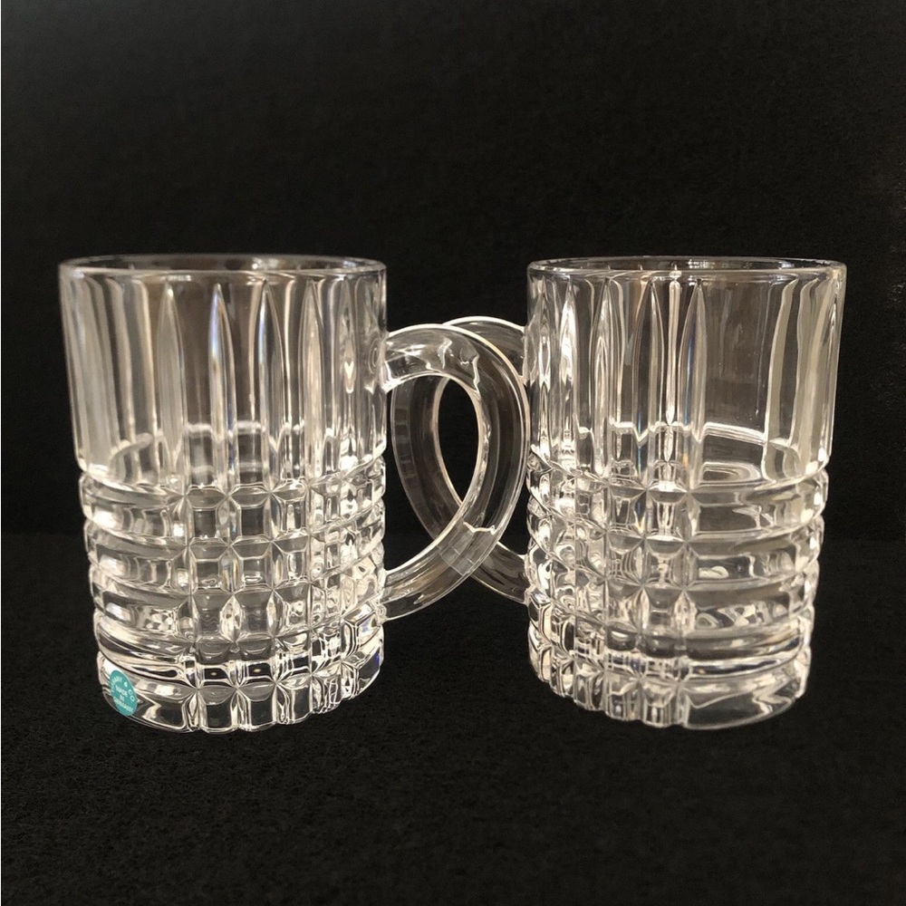 Tiffany & Co. Set of 2 Plaid Cut Clear Crystal Glass Stein Beer Mugs Germany